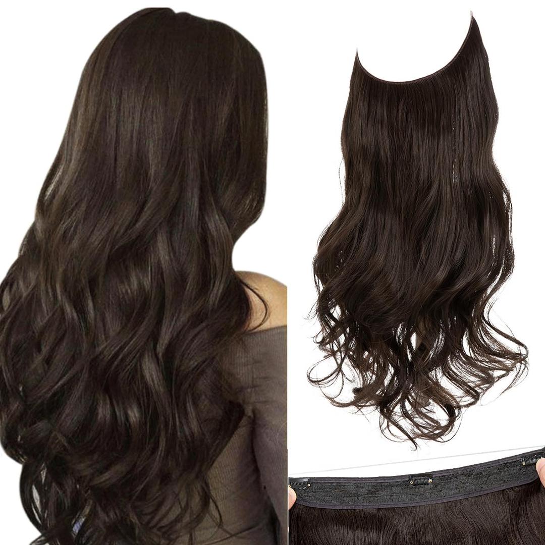 SARLA Invisible Wire Hair Extensions with 3 Clips Long Synthetic Wavy Curly Hairpiece Adjustable Transparent Headband for Women 22 Inch Dark Brown