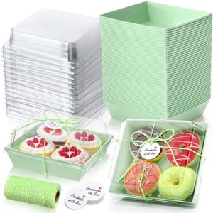 Outus 100 Pack Charcuterie Boxes with Clear Lids, Paper Dessert Boxes to Go with Gift Tags Rope Disposable Party Favor Treat Food Containers for Cookies, Donuts, Muffins, Salad, and Pastry