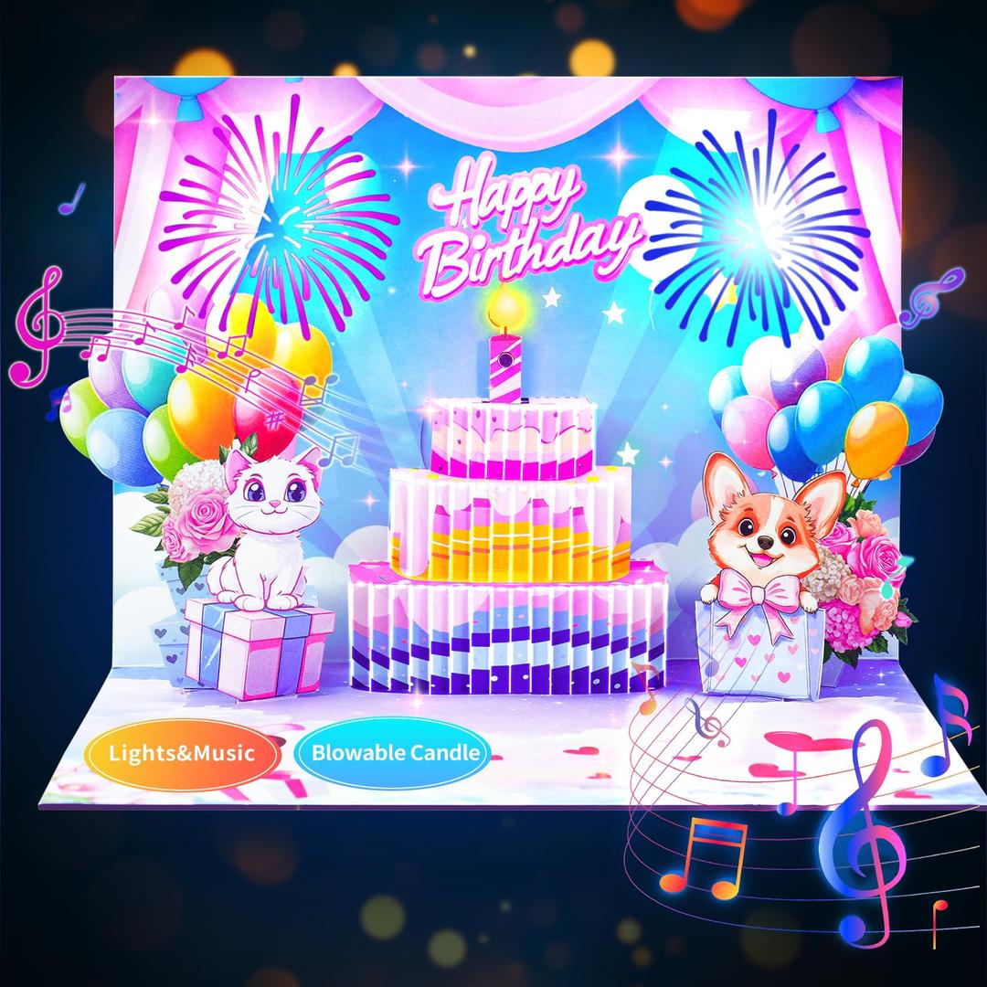 Musical Birthday Cards, Cute Cat Dog Light & Blowable Candle Funny 3D Pop up Happy Birthday Card Gift for Women Mom Kids Sister Daughter Girls
