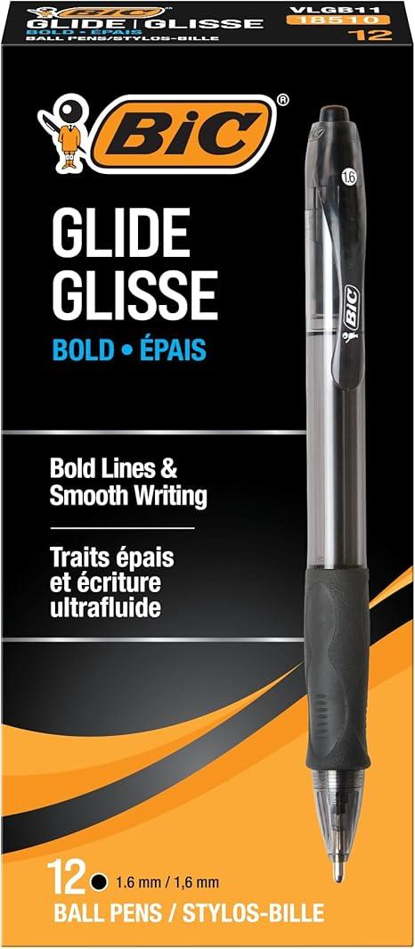 BIC Glide Bold Black Ballpoint Pens, Bold Point (1.6mm), 8-Count Pack, Retractable Ballpoint Pens With Comfortable Full Grip (VLGB11-BLK)