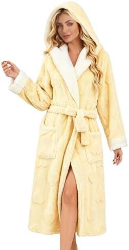 LYCY Womens Hooded Fuzzy Robe, Soft Plush Heart Jacquard Bathrobe, Long Cozy Fluffy Robe with Pockets L/XL