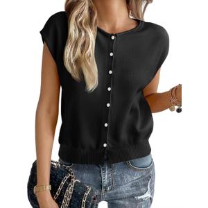 Cicy Bell Womens Cap Sleeve Sweater Vest Lightweight Casual Knit Tank Tops Trendy Crew Neck Button Cardigans (Small, Black)
