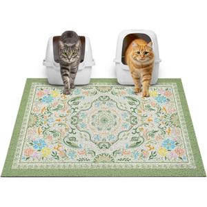 Glittme Cat Litter Mat with Non-Slip Bottom Litter Box Mat 33"X22" Litter Trapping Mat Easy to Clean Washable Cat Food Mat for Kitty,L (Bean Green)