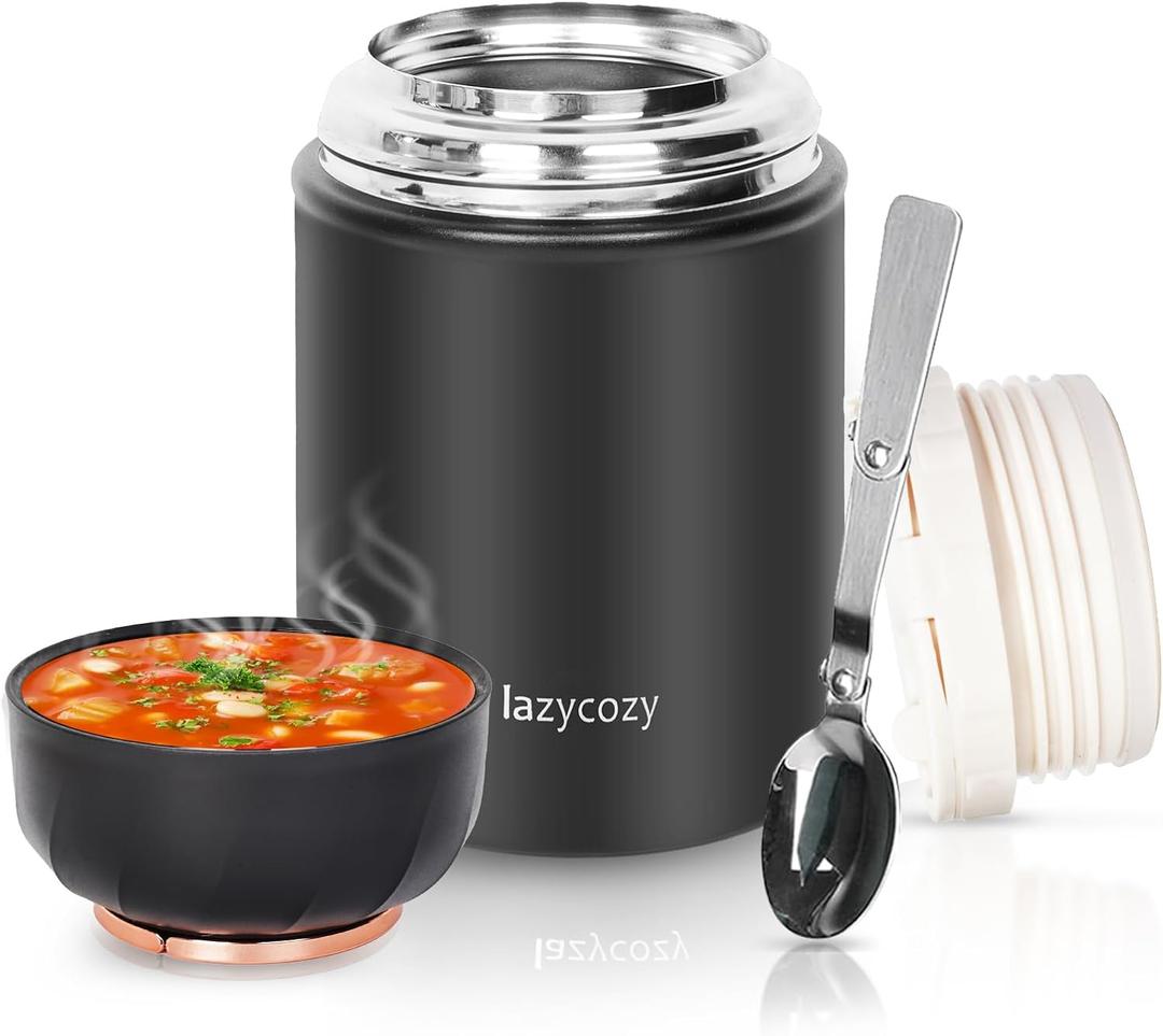 lazycozy Thermos Food Containers for Hot Food, 17 oz, Soup Thermos with Foldable Spoon, Stainless Steel Vacuum Portable Insulated Food Jar, Leak-Proof, Keep Warm/Cold for 12 Hours, for Travel, Work