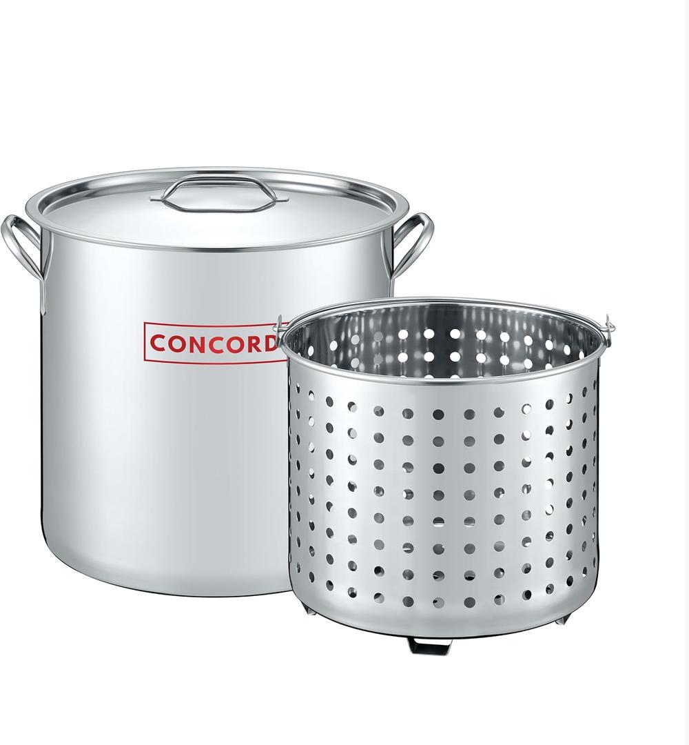 CONCORD 53 QT Stainless Steel Stock Pot w/Basket. Heavy Kettle. Cookware for Boiling, 53 Quarts