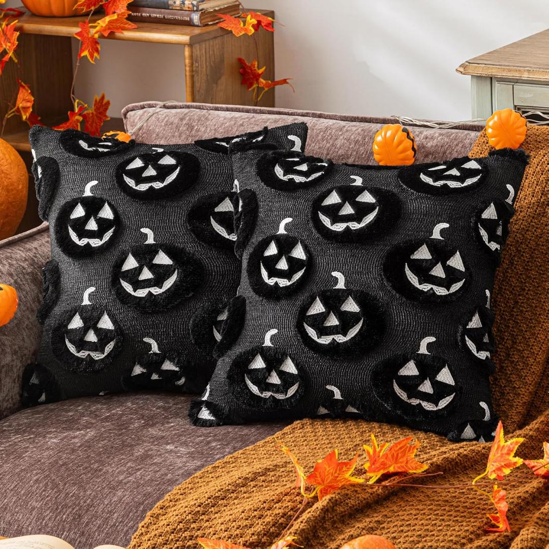 Black Halloween Pumpkin Fall Throw Pillow Covers 18"x18" Set of 2 Soft Faux Fur Ghost Pillow Covers for Couch Sofa Bed, Cute Autumn Farmhouse Cushion Case for Holiday Home Living Room Decor
