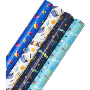 The Dreidel Company Happy Hanukkah Gift-Wrap Chanukah 17.5" Inches X 180" Inches .15' Feet Each Roll, 4 Roll Variety Pack