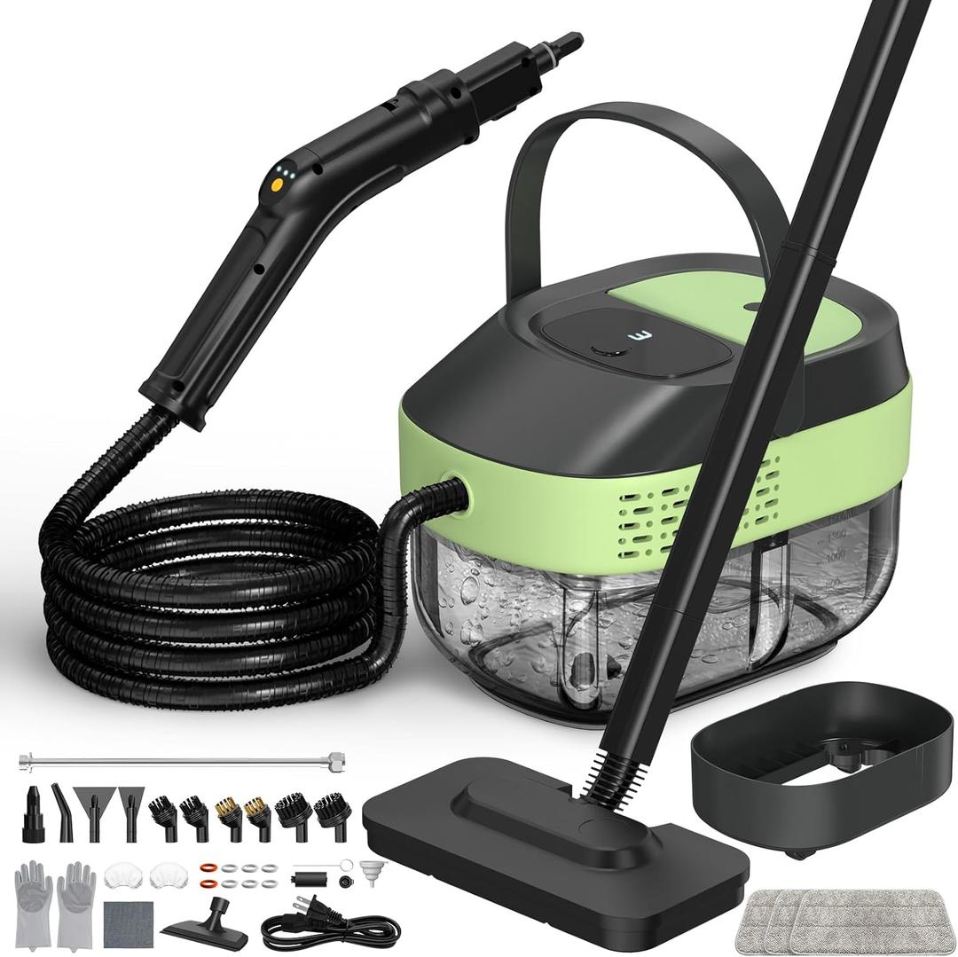14 IN 1 Steam Mop Cleaner, 1.6L Detachable Handheld Steam Cleaner with 37 Accessories, 2500W Multipurpose Steamer Cleaning for Home,Floors,Tile,Grout,Upholstery,Carpet,Car,15S Fast Heat-Up (Green)