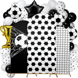 Foilswirl Spandex Arch Backdrop Cover 34 Pcs Soccer Birthday Background Decorations 4ft 5ft 6ft Soccer Arch Backdrop Covers Black White Balloons for Sport Game Football Birthday Party Decor