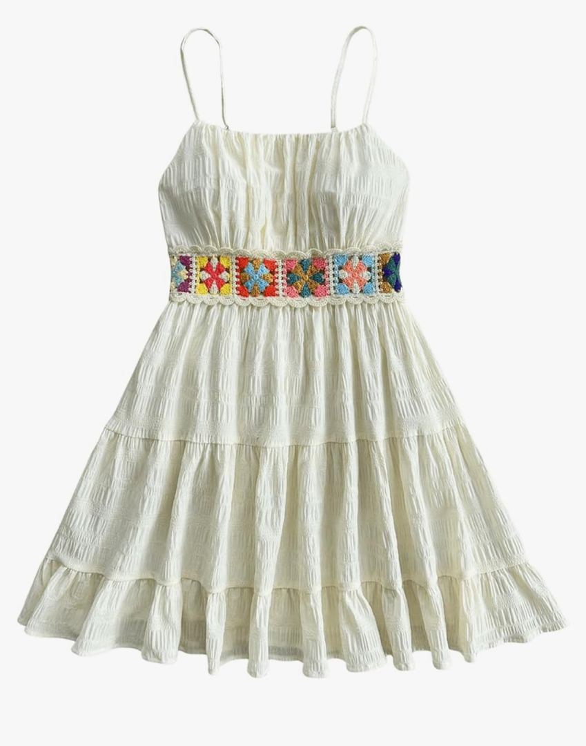 MakeMeChic Women's Floral Crochet Shirred Mini Dress Spaghetti Strap A Line Cami Dresses
size S