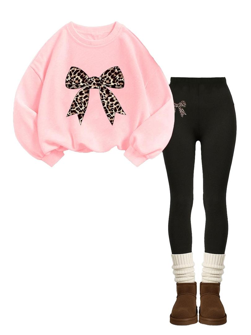 Girls Long Sleeve Sweatshirt 2 Piece, Bow Graphic Top and Pants Spring Fall Fashion Casual Clothes, Size 12Y