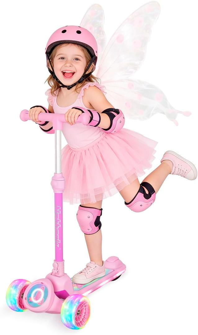 Nattork Kids Scooter for Girls with Light Up Wheels, Deck and Headlight, Wide Anti-Slip Deck and T-bar Handle with Rear Foot Brake, Adjustable Height 3 Wheel Scooter for Kids Ages 3+ and up to 220Lbs