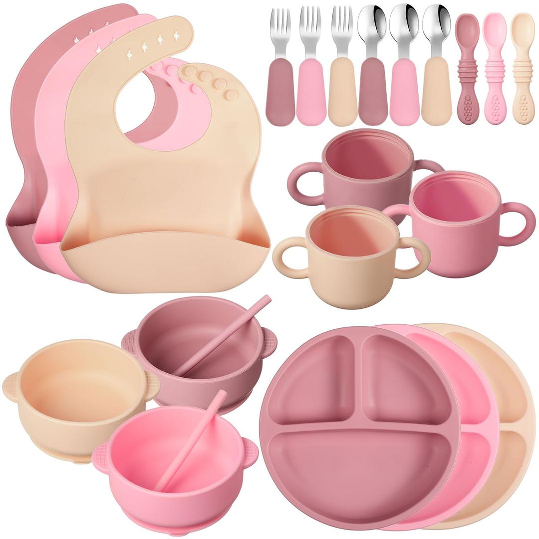 24 Pack Silicone Baby Feeding Set Baby LED Weaning Supplies Includes Suction Divided Plates Soft Bowl Spoons Forks Adjustable Bib Snack Cup and Straws(Pink, Dark Pink, Nude)