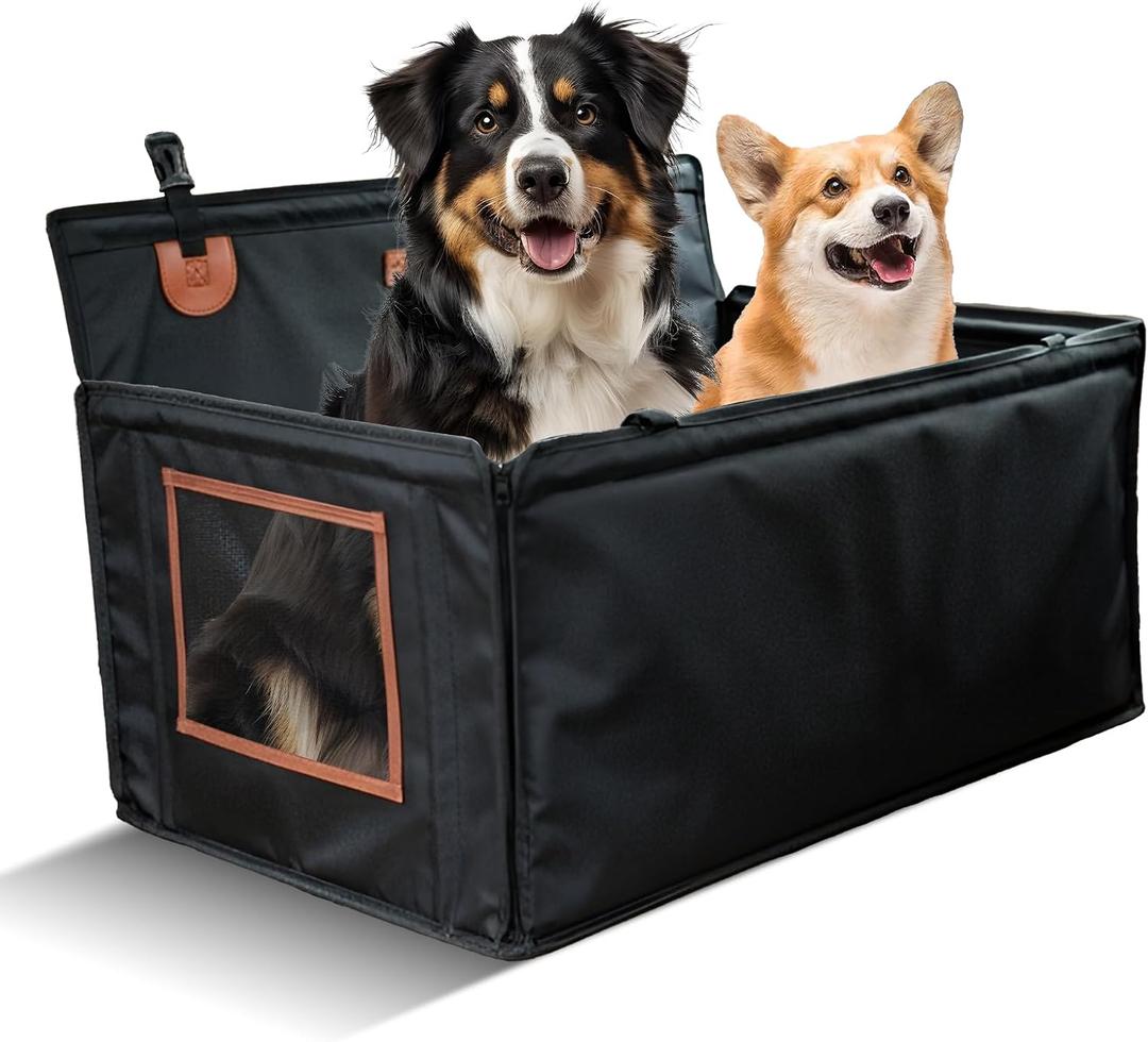 Large Dog Car Seat for Medium Sized Dog or 2 Small Dogs. Waterproof, Mesh Sides with Supporting Rods, Dual Seat Belt, Enclosed, Foldable & Hard Bottom Pet Car Seat. Pet Travel Bed 29.5"X19.7"X19.7"