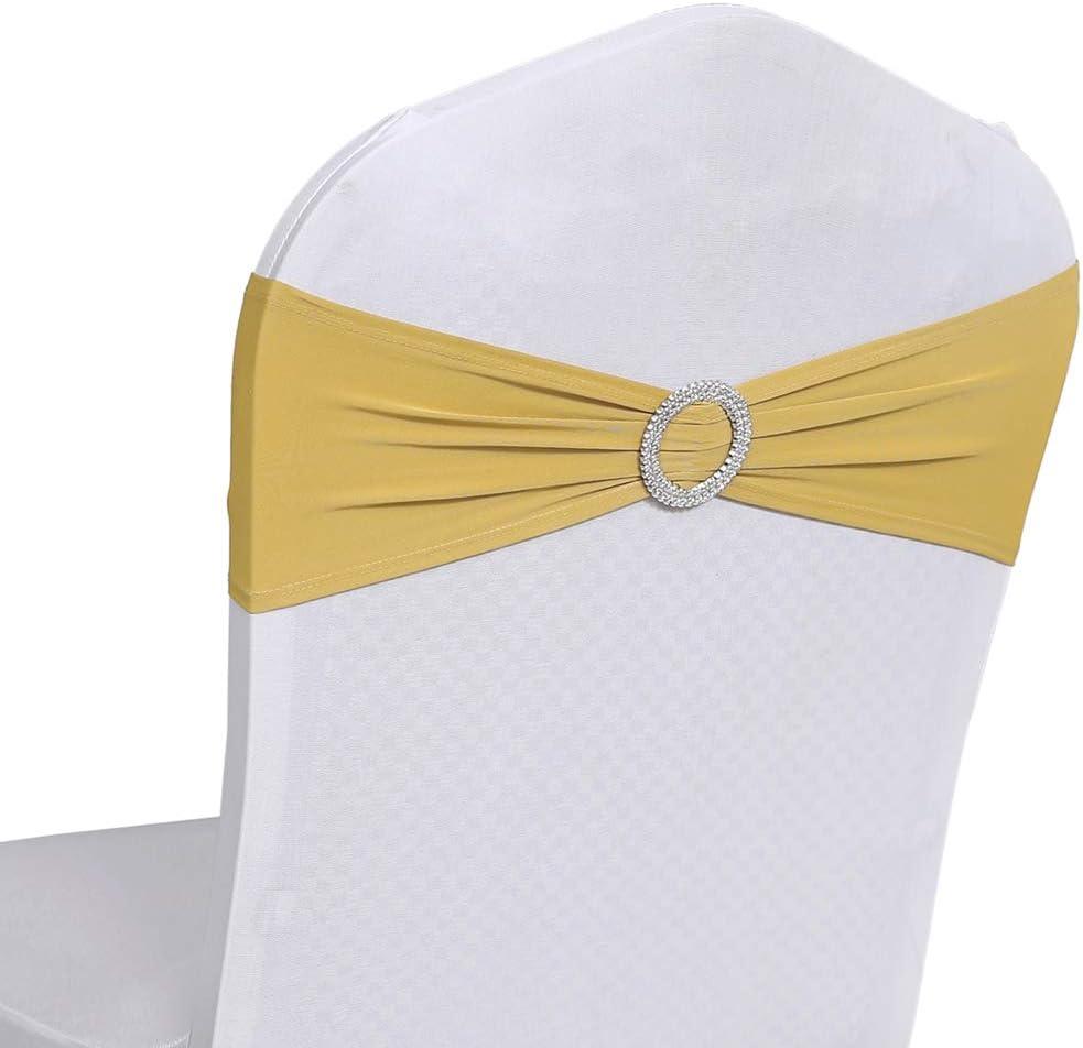 VDS - Gold | Spandex Chair Sashes Bows | 100 PCS | Stretch Elastic Banquet Universal Folding Chair Band Tie with Silver Buckle Slider for Wedding Party Conference Celebration Event Decoration