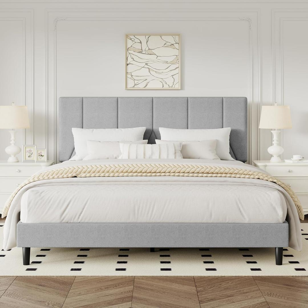 Queen Bed Frame, Padded Platform Bed Frame with Fabric Headboard, Vertical Quilted Design, Sturdy Slatted Mattress Base, No Spring Mattress Required, Easy to Assemble, Light Gray