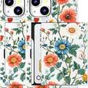 Compatible for iPhone 15 Case with Card Holder Cute - Kawaii Design Military-Grade Drop Protection Rugged Wallet Cases for Women (White Painting Botanical Flower)