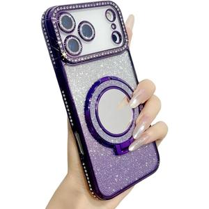 for iPhone Case,Electroplated Glitter Bling Sparkle Diamond Ring Bracket Mirror Magnetic Case for iPhone, Compatible with MagSafe Wireless Charging (iPhone 14 Plus,Purple)