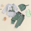 Newborn Infant Baby Boy Outfit Little Brother Romper Infant Letter Print Dinosaur Clothes Drawstring Pants Hat (Gray-Dinosaur, 3-6 Months)