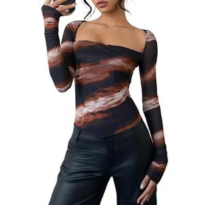 YOINS Women Tie Dye Sexy Mesh Long Sleeve Tops Sheer See Through Square Neck Shirt Brown Tiedye, X-Large