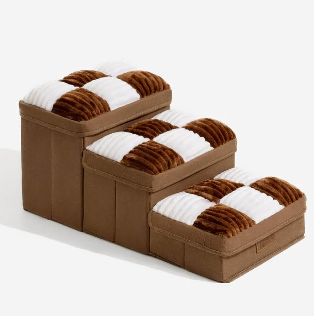 FUNNYFUZZY Dog Stairs with Storage 13“H,Foldable 3-Step Pet Steps for Small Medium Dogs with Sturdy Stylish Cover,Dog Steps for Couch Sofa and Chair,Non-Slip, Indoor,Brown