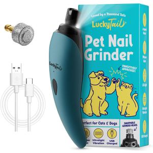 LUCKY TAIL Pet Nail Grinder for Dogs and Cats - Super Quiet and Low Vibration Electric Dog Nail Grinder with 2 LED Lights - USB Rechargeable and Cordless - 2 Speeds - Small to Large Pets - Teal