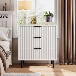 GarveeHome White Fluted 3 Drawers Dresser, Wide Wood Chest of Drawers, Modern Storage Dresser Chest of Drawers Organizer with Metal Legs and Anti-Tipping Device for Bedroom Living Room (15.7"D x 27.6"W x 29.9"H (3 Drawers))