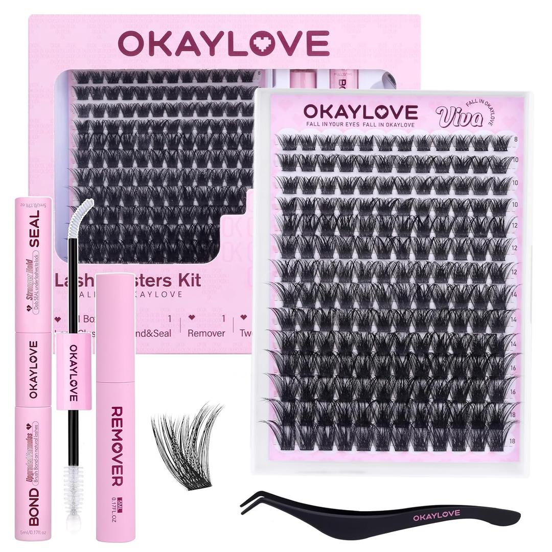 OKAYLOVE Fluffy Lash Clusters, VIVA 8-18mm DIY Volume Cluster Eyelash Extensions Kit, 168pcs CC Curl Black Cotton Band Individual Lashes with Lash Bond and Seal, Remover, Lash Tweezers