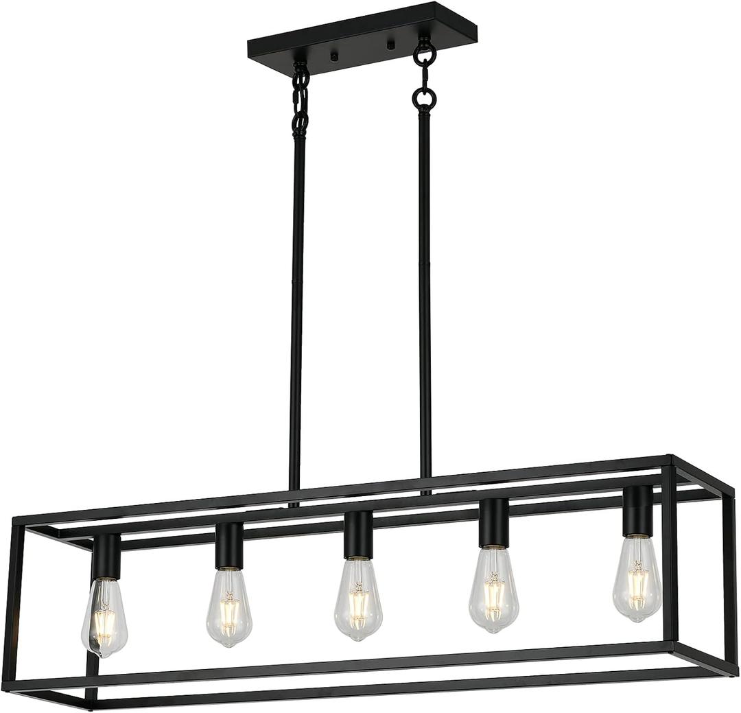 XILICON Kitchen Island Lighting Farmhouse Chandeliers Black 5 Light Modern Dining Room Lighting Fixtures Hanging, Kitchen Island Cage Linear Pendant Lights Ceiling Light