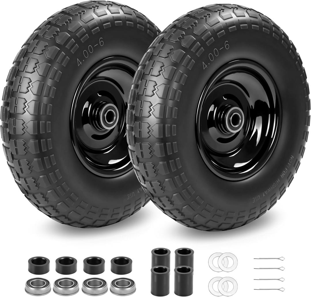 2Pc 4.00-6 Flat Free Tire,13"Solid Compatible with Gorilla Cart Wheelbarrow | With 5/8"&3/4" Bearing, 1.8-5.8" Centered Hub, 4.00-6 tire and wheel Fit for Gorilla Cart, Garden Cart/Hand Truck/Wheelbarrow