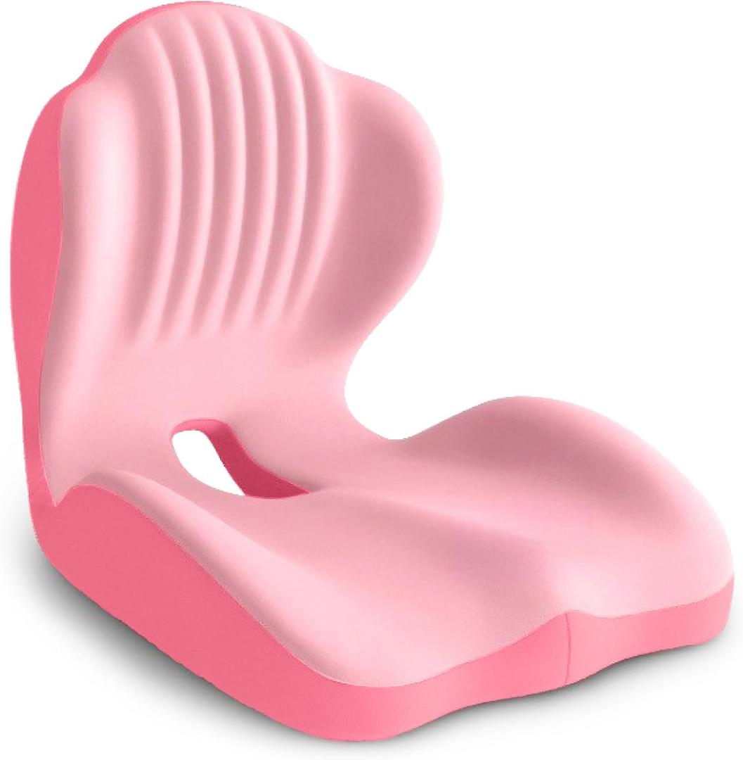 Ergonomic Seat Cushion, Office Chair Seat Cushions with L-Shaped Integrated Design, Memory Foam Orthopedic Cushion with Coccyx Hollow, Lumbar Support & Tailbone Pain Relief for Long Sitting (Pink)