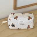 Beige MakeUp Bag Set 3PCS Quilted Make Up Pouch Cute Cotton Cosmetic Bag for Travel Striped Bear Large Toiletry Bag For Women(C)
