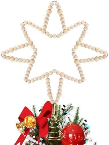 RoundFunny Christmas Beaded Star Tree Topper Farmhouse Decoration 11 Inch Natural Wood Beads Rustic Star Topper for Xmas Holiday Ornament Decor