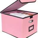 File Storage Box with Lid, 15.55x12.87x10.43 Inches, Foldable Organizer with Handles & Label Slot, for File Storage, Home, Office, and Closet Organization(Pink)
