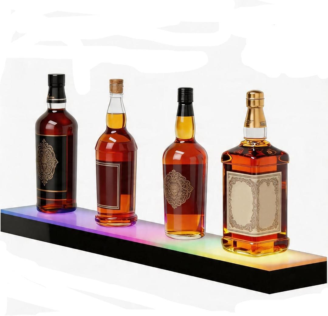 LED Lighted Liquor Bottle Display Shelf - 23.6" Acrylic Whiskey Rack with Remote & Music Sync, 1-Tier Illuminated Bar Shelf for Home Bar, Club, Party