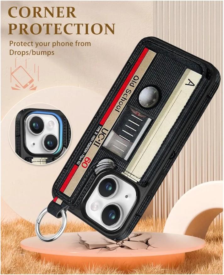 LOVE LIFE STYLE ON Compatible with iPhone 14 Wallet Case with Card Holder - Designer Cassette Tape Pattern Kickstand Magnetic Clasp Back Flip Folio Leather Phone Covers for Women Men Girls