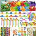 12 Pack Dinosaur Birthday Party Favors Decorations Supplies for Kids, Dino Theme Goodie Bags Fillers with Silicone Fidget Stretch Toys, 3D Dino Boxes, Bubble Wands, Hats, Slap Bracelets, Stickers