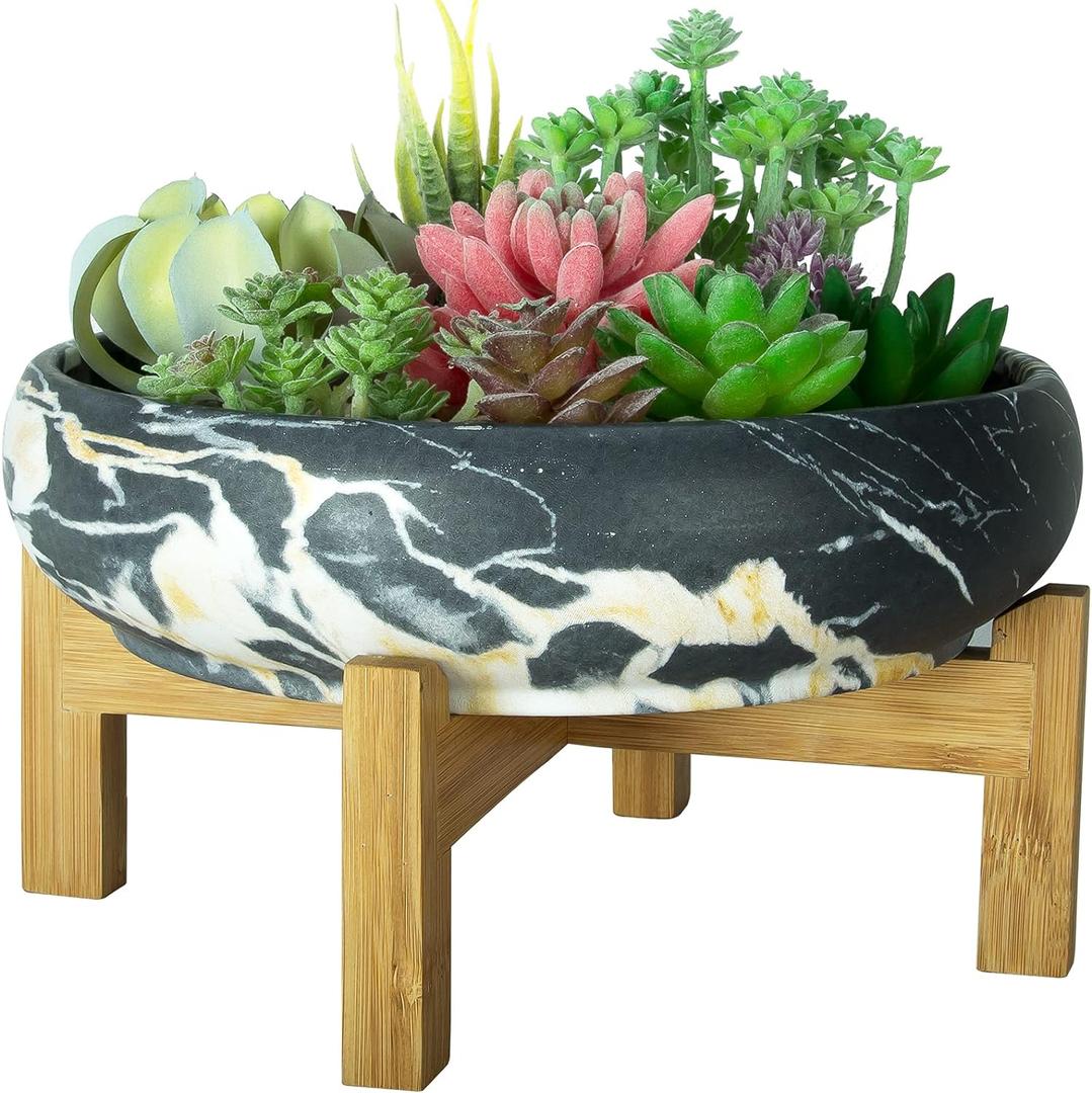 ARTKETTY Succulent Pot, Large Succulent Planter Pot with Stand, 10 Inch Ceramic Bonsai Pot with Drainage Round Marble Cactus Flower Plant Bowl for Indoor/Outdoor