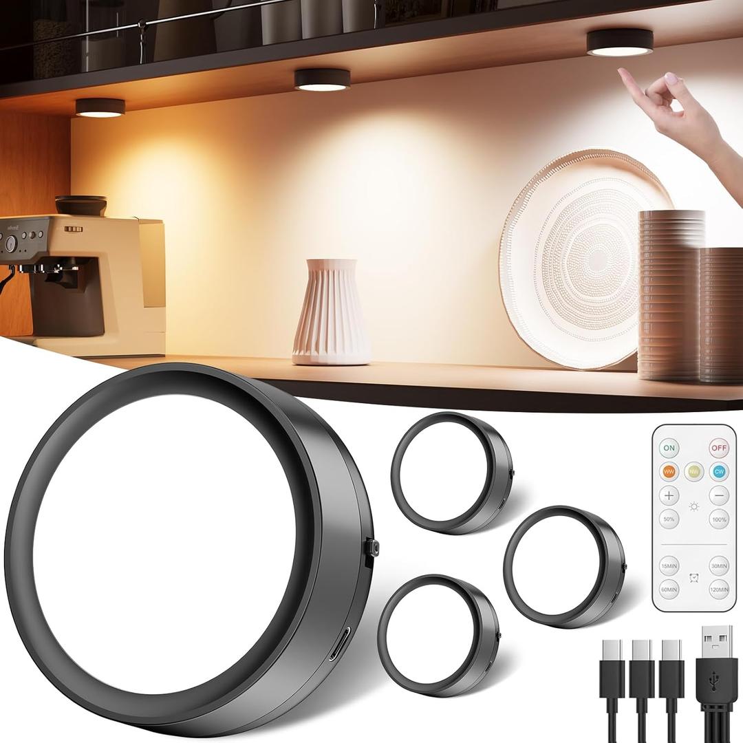 USB Rechargeable LED Puck Lights with Remote Control, 2400mAh Battery Operated Push Light Stick on Magnetic Tap Lights for Closet Wireless Kitchen Under Cabinet Touch Lamp Shelf Press Button Light (3000k/4500k/6000k)