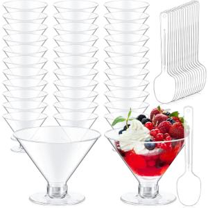 Yinkin 50 Pack Plastic Martini Glasses 5 oz Disposable Cocktail Glasses Mini Martini Plastic Cups Dessert PVC Shot Glasses Unbreakable with Spoons for Weddings Party Wine Food (Clear)
