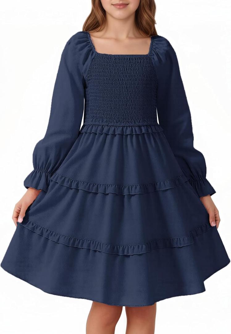 JiAmy Girls Dress Fall Puff Long Sleeve Square Neck Smocked Shirred Tiered Ruffle Flared Party Dresses (9-10 Years, Navy Blue)