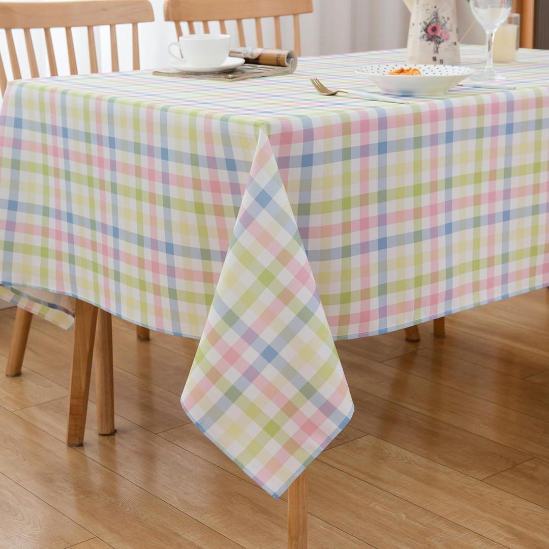 Spring Easter Tablecloth Rectangle Green Blue White Pastel Buffalo Check Plaid Table Cloth - 60 X 84 Oblong Polyester Gingham Table Cover Countryside Reusable Waterproof for Summer Party Picnic Dinner