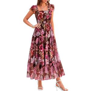 PRETTYGARDEN Women's Summer Tulle Midi Dress Sleeveless Smocked Ruffle Flowy Mesh Dresses Party Wedding Guest Sundress, M