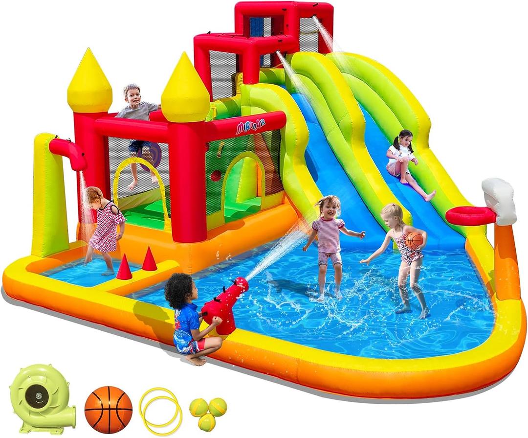 MIRUNAIR Inflatable Bounce House with Slides, Inflatable Water Slide for Kids Backyard, Bounce Water Prak with Air Blower, Splash Pool, Water Cannon, Climbing Wall, Outdoor Backyard Water Park, 175 x 175 x 95 inches
