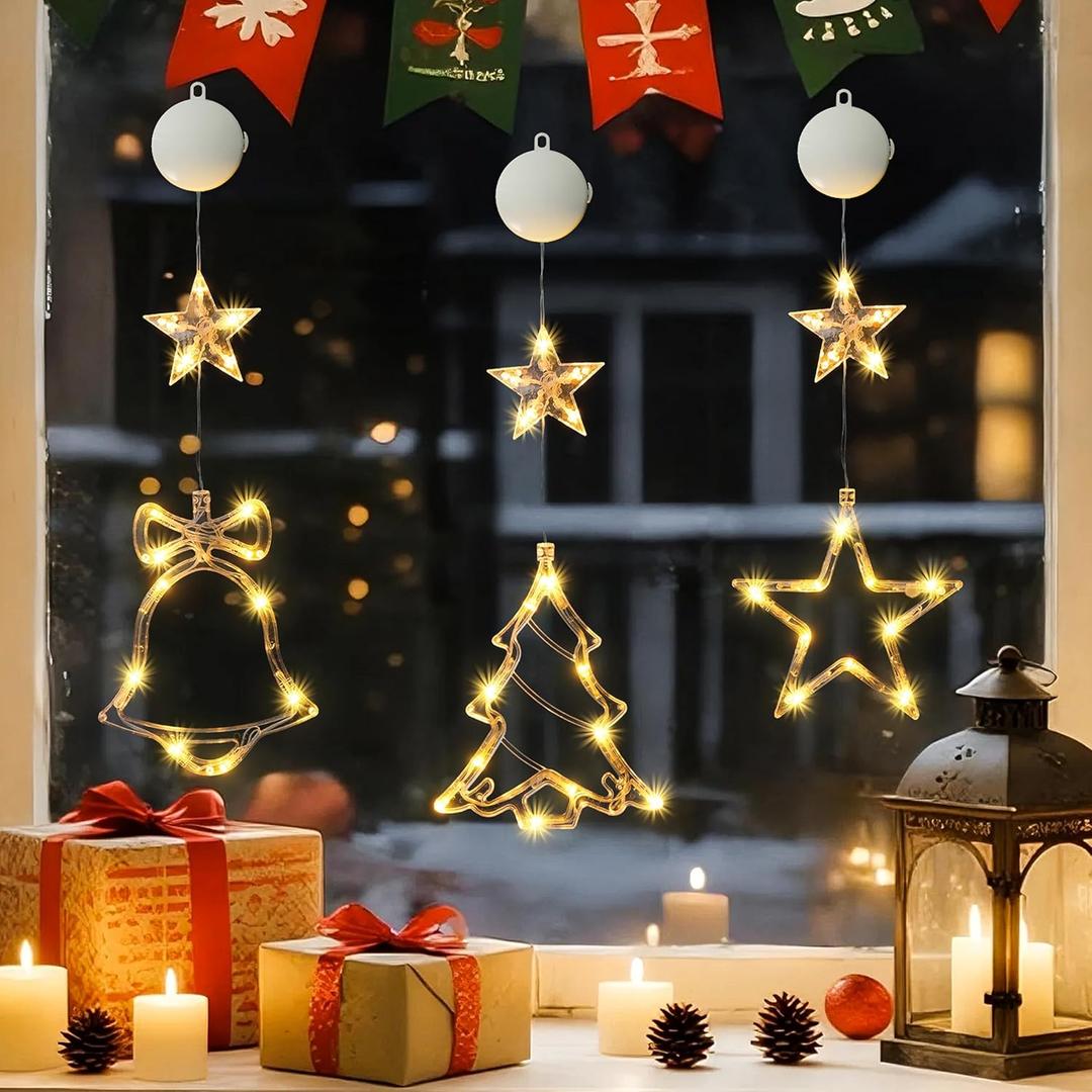 JMEXSUSS Christmas Window Lights Indoor, Christmas Lights Battery Operated with Suction Cup, Jingle Bell & Xmas Tree & Star Hanging Light for Window Wall Holiday Party Decorations