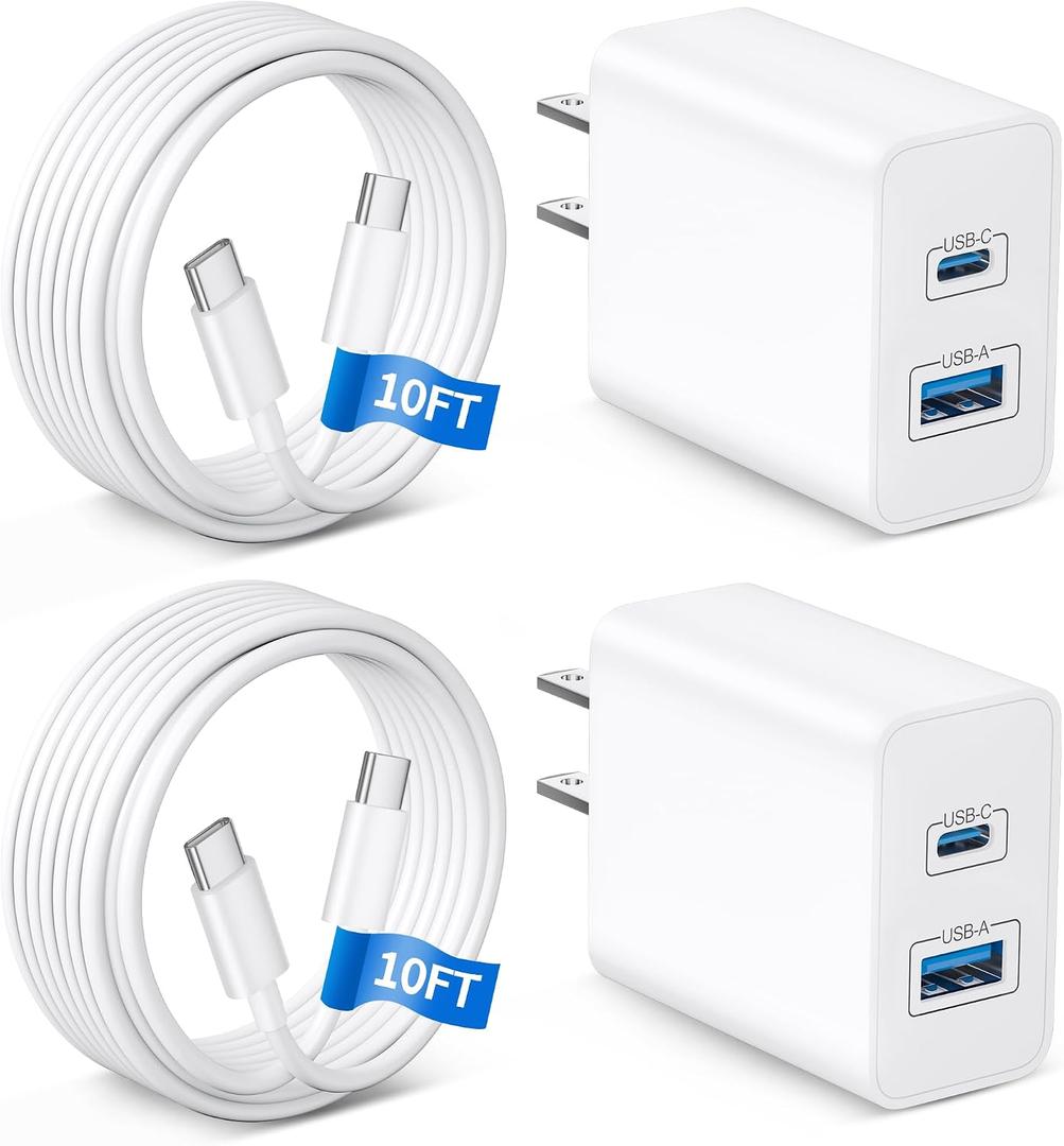 WODENTA iPhone 17 Charger, 2-Pack 45W Fast Charging Dual Port Type C Power Adapter, USB C Charger Block for iPhone 17/17 Pro/17 Pro Max/Air/17e/16/15 Pro Max/Plus, iPad with Long 10FT USB-C Cable Cord