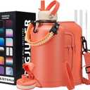 64oz Insulated Water-Bottle with Strap - Half Gallon Water Jug with Straw & Spout Lid, 2 Liter Stainless Steel Water Bottle Leak Proof, Cold-48h Hot-24h Metal Flask w/Paracord Handle, Carrier Case (Coral Orange)