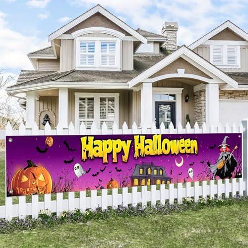 BlissYard Happy Halloween Banner Halloween Decorations Outdoor Yard Banner Pumpkin Ghost Witch Fence Decorations 118x20 Inch Haunted House Bat Scene for Garden Porch Party Wall Decor