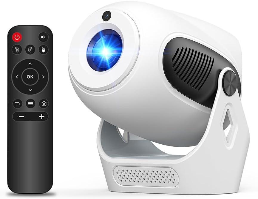 Electric Focus Projector with WiFi 6 and Bluetooth 5.0, Mini Portable Native 720P with 4K Support, Smart Projector Built in Android 14, Auto Vertical Keystone, Home Movie Projectors for Outdoor (White + Black)