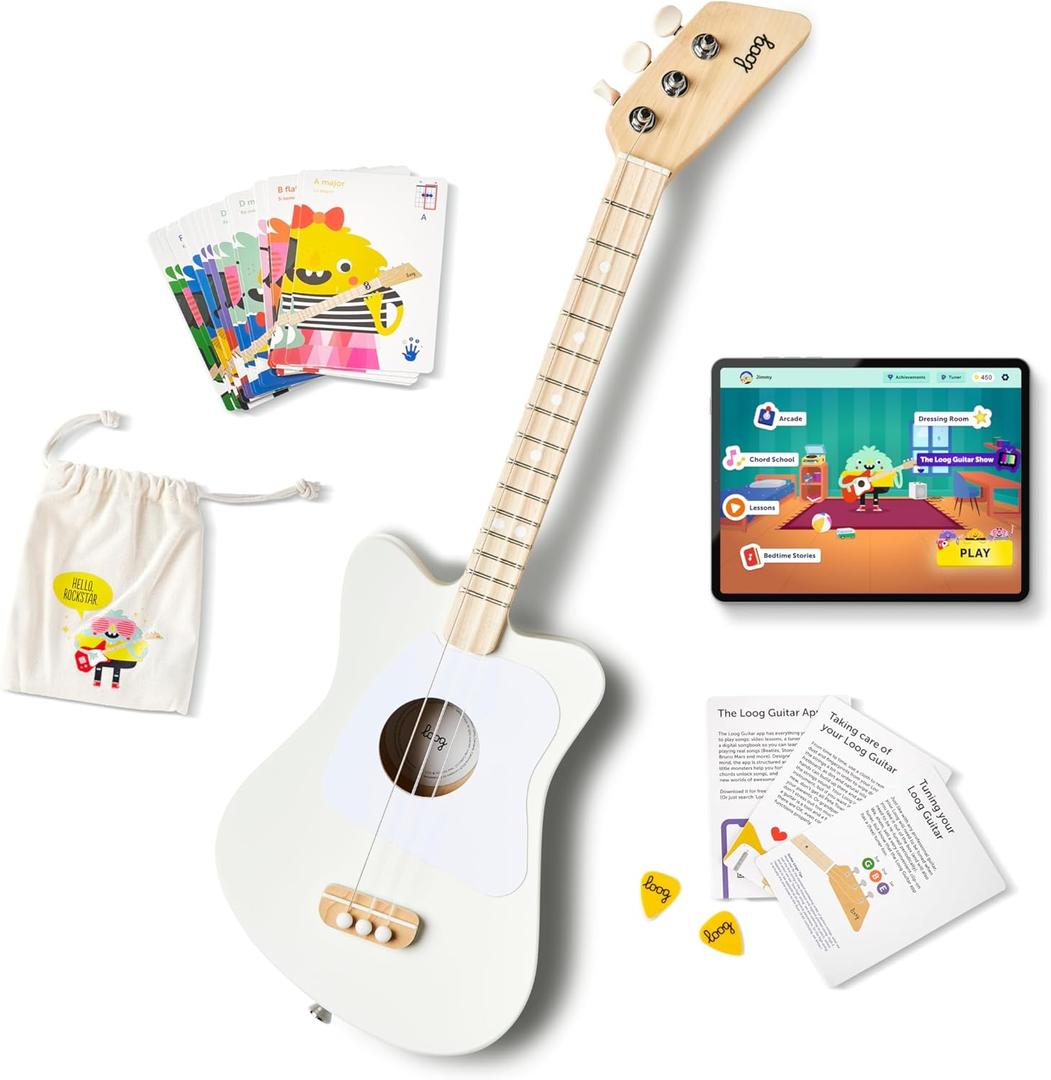 Loog Mini Acoustic kids Guitar for Beginners 3-strings Ages 3+ Learning app and lessons included (White)
